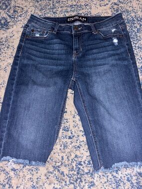 Women's Mid-Rise Dark Blue Distressed Jean Shorts